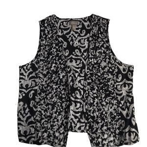 Chicos Womens Vest 2 L 12 Black White Aztec Print Open Front Woven Lightweight